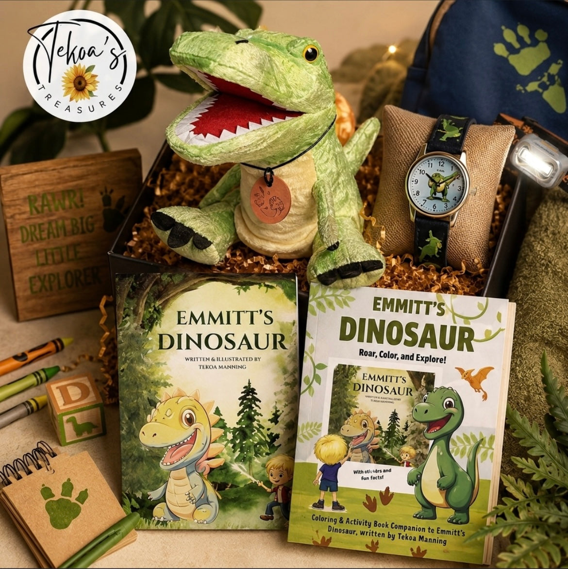 Dinosaur Gift Box for Kids 4 to 8, Emmitt’s Dinosaur book and Toy Set