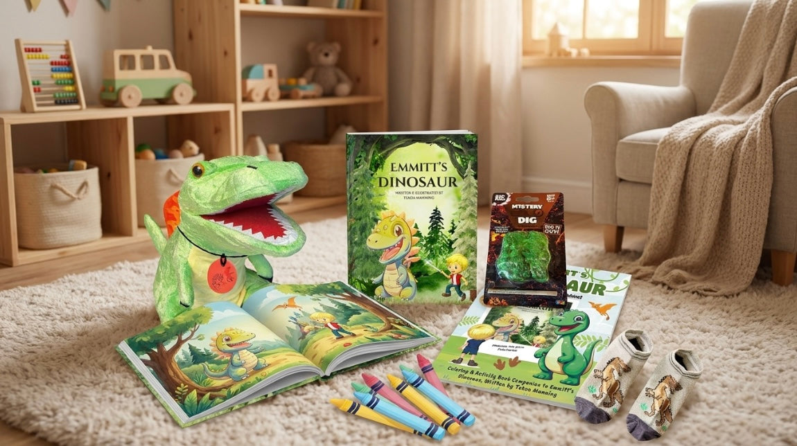 Dinosaur Gift Box for Kids 4 to 8, Emmitt’s Dinosaur book and Toy Set
